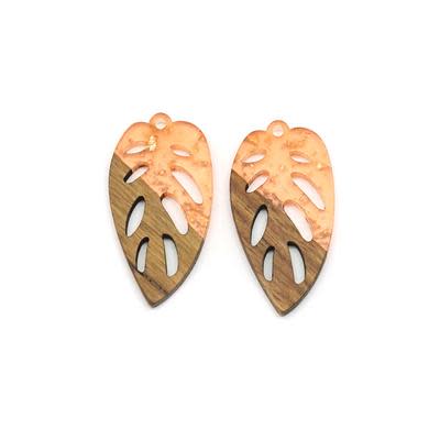 20x38mm Wood & Peach Resin with Gold Foil Elliptical Leaf Focal Piece Pendant (1 Pair)