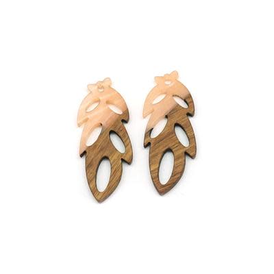 18x38mm Wood & Peach Resin Pinnate Leaf Focal Piece Pendant (1 Pair)