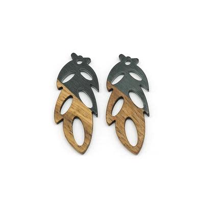 18x38mm Wood & Black Resin Pinnate Leaf Focal Piece Pendant (1 Pair)