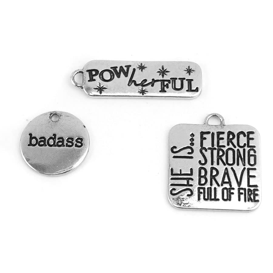 PowHERful 3 Piece Charm Set in Silver - "She isâ€¦..." "PowHERful" "Badass" - GB Exclusive