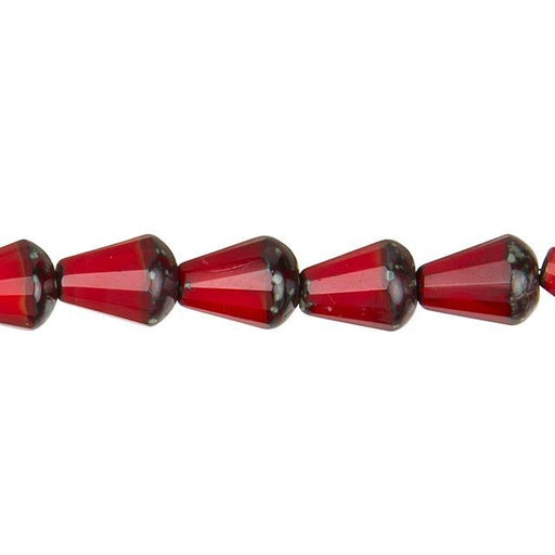 Czech Glass Opaque Red with Patina Top Cut Teardrop Bead Strand by Raven's Journey