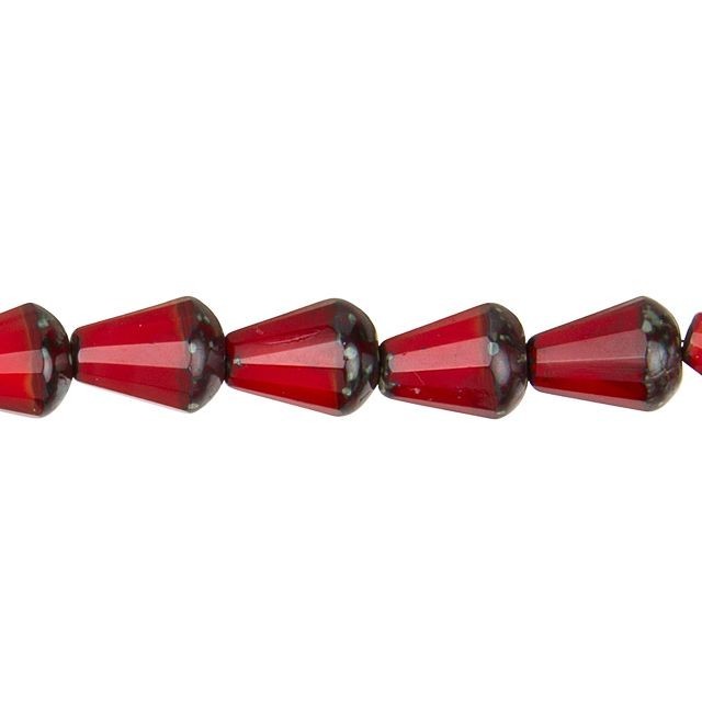 Czech Glass Opaque Red with Patina Top Cut Teardrop Bead Strand by Raven's Journey