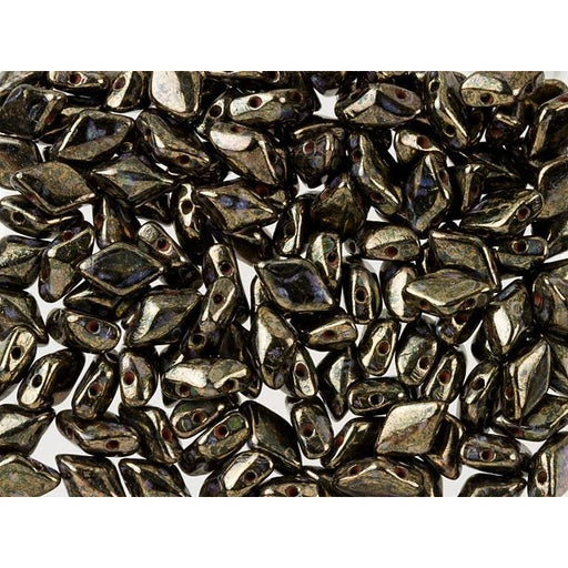 Czech Glass GemDuo, 2-Hole Diamond Shaped Beads 8x5mm, Jet Bronze Picasso  (2.5" Tube)
