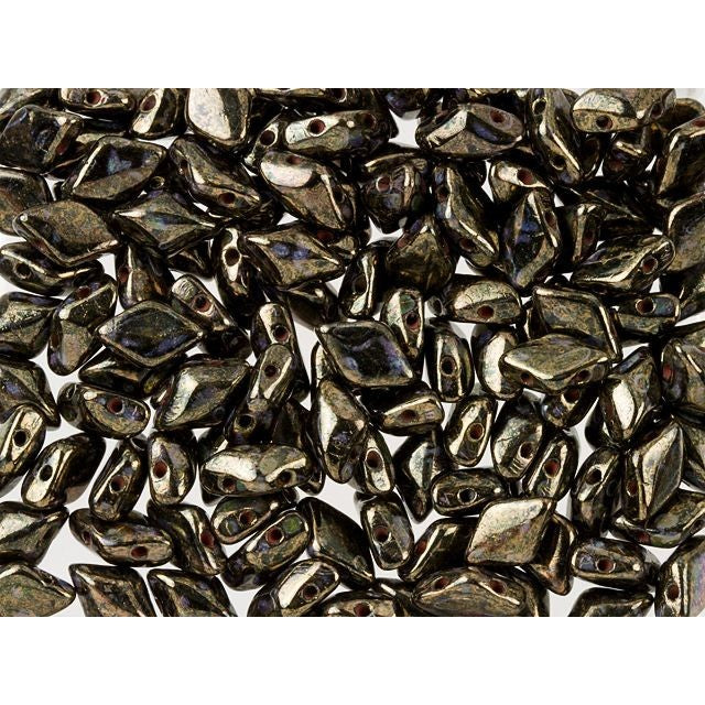 Czech Glass GemDuo, 2-Hole Diamond Shaped Beads 8x5mm, Jet Bronze Picasso  (2.5" Tube)