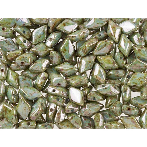 Czech Glass GemDuo, 2-Hole Diamond Shaped Beads 8x5mm, Opaque Green Luster  (2.5" Tube)