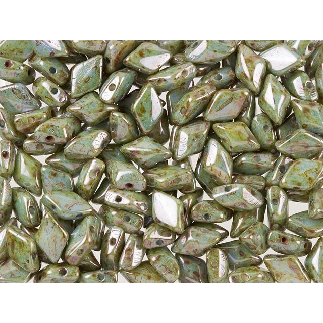 Czech Glass GemDuo, 2-Hole Diamond Shaped Beads 8x5mm, Opaque Green Luster  (2.5" Tube)