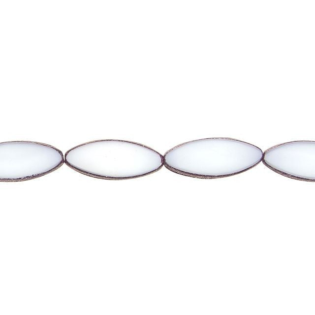 Czech Glass 20 x 9mm White Silk with Purple Bronze Pointed Oval Table-Cut Bead Strand by Raven's Journey