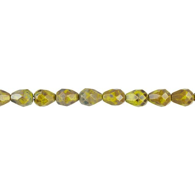 Czech Glass 9 x 7mm Faceted Drop Gaspeite with Picasso Bead Strand by Raven's Journey (1 Piece)