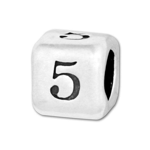 Number Bead, Large Hole Cube Number '5' 5.8mm, Sterling Silver (1 Piece)