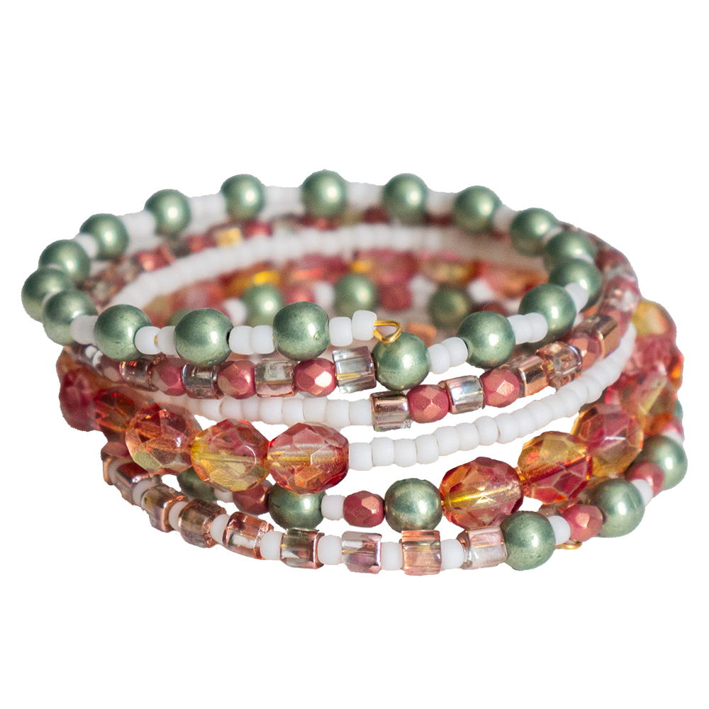 Bohemian Czech Glass Stacked Memory Wire Bracelet in Pink and Green - Exclusive Beadaholique Jewelry Kit