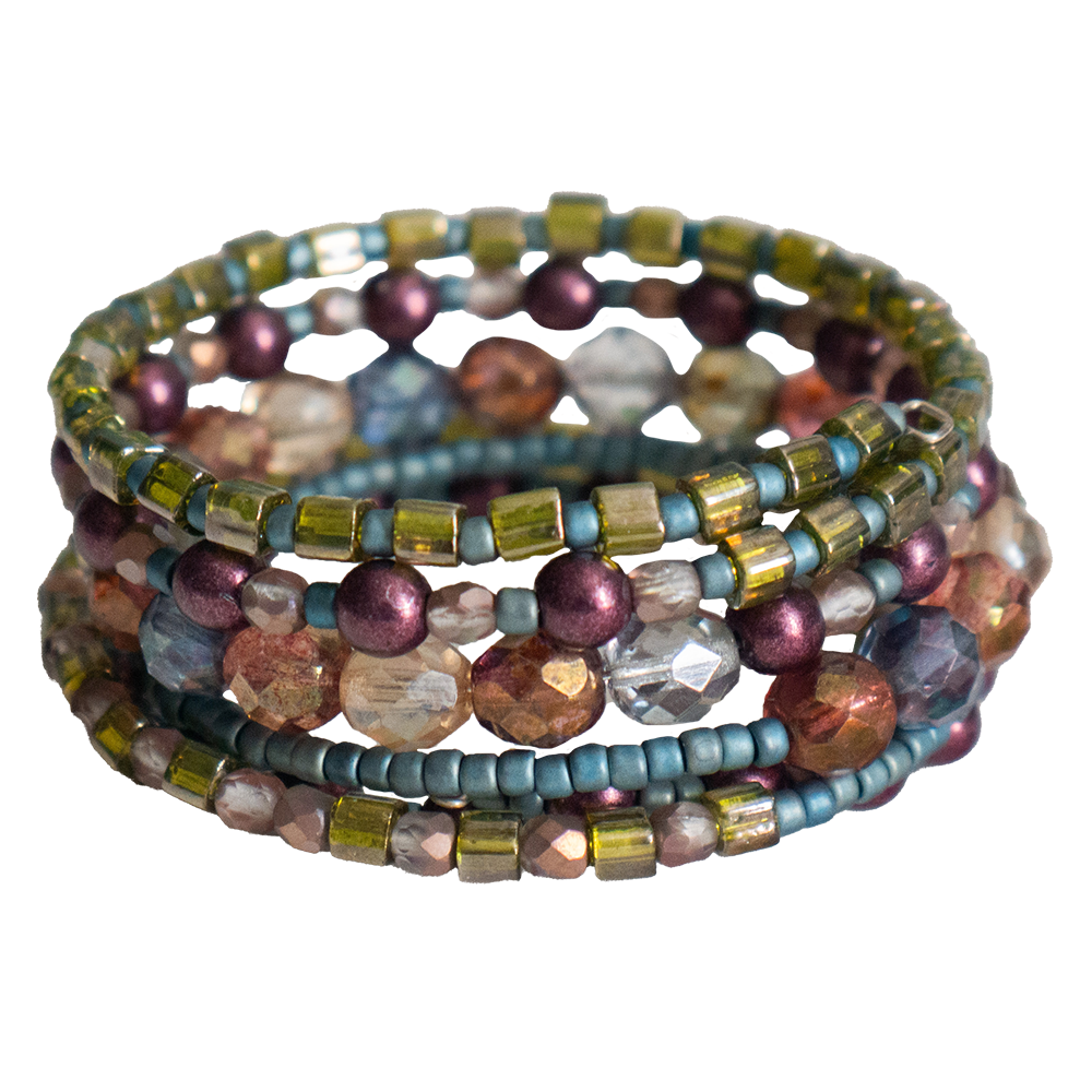 Bohemian Czech Glass Stacked Memory Wire Bracelet in Blue/Green/Purple - Exclusive Beadaholique Jewelry Kit