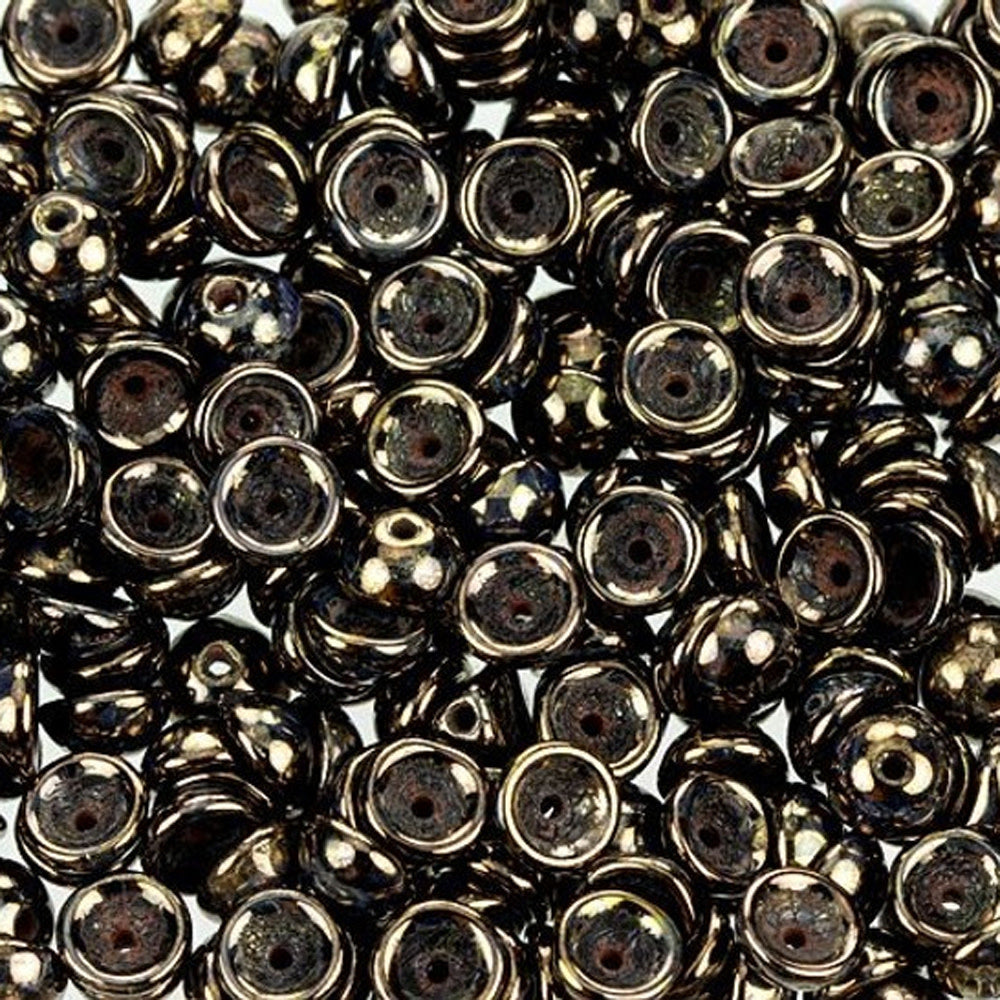 Czech Glass, Domed Teacup Beads 4x2mm, Jet - Bronze Picasso (2.5" Tube)