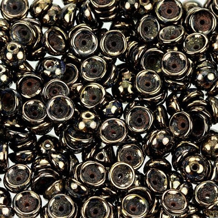 Czech Glass, Domed Teacup Beads 4x2mm, Jet - Bronze Picasso (2.5" Tube)