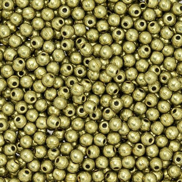 Czech Glass, Half-Drilled Round Finial Beads 2mm, Saturated Metallic Limelight (2.5" Tube)