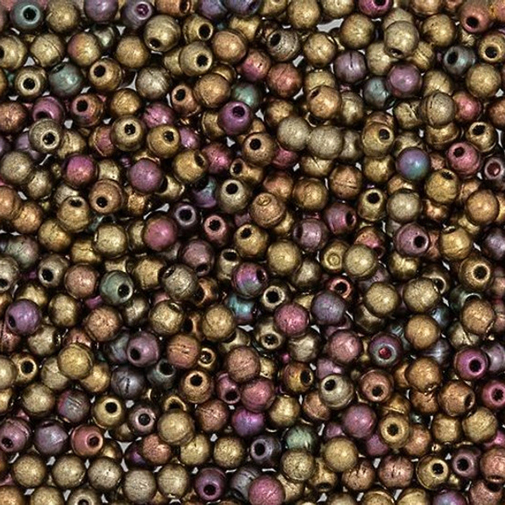 Czech Glass, Half-Drilled Round Finial Beads 2mm, Matte Metallic Bronze Iris (2.5" Tube)