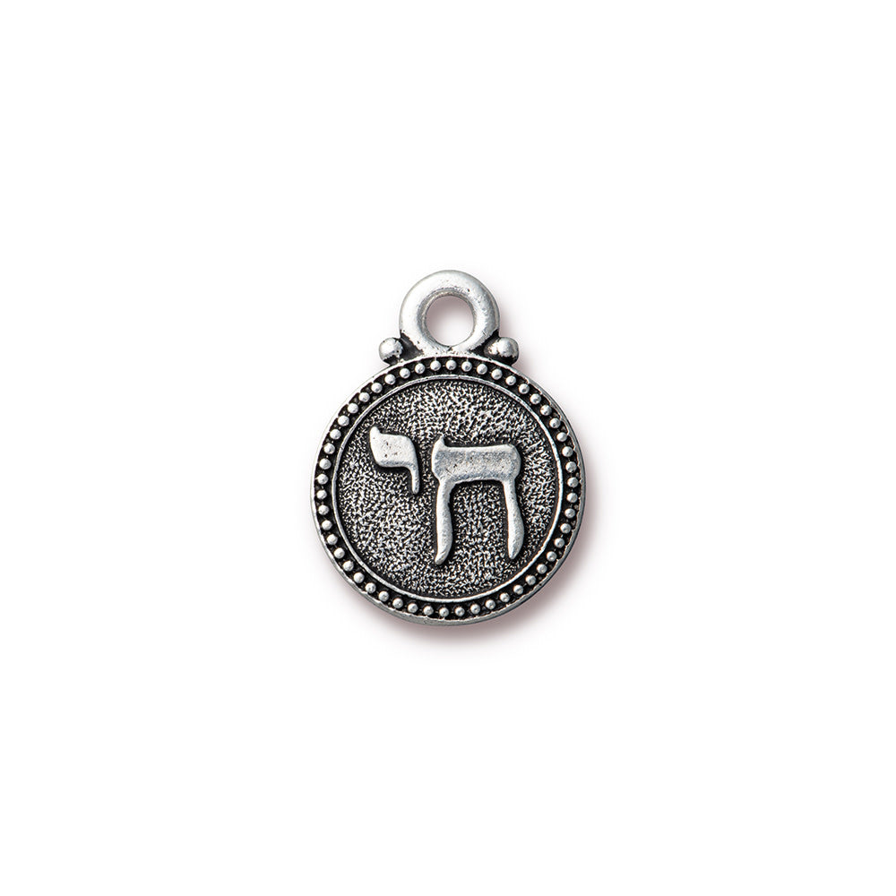 Charm, Round with Chai Symbol 19x15mm, Antiqued Silver Plated, by TierraCast (1 Piece)