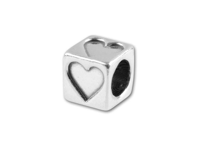 Sterling Silver, Alphabet Cube Bead 'Heart' 4.5mm, Antiqued