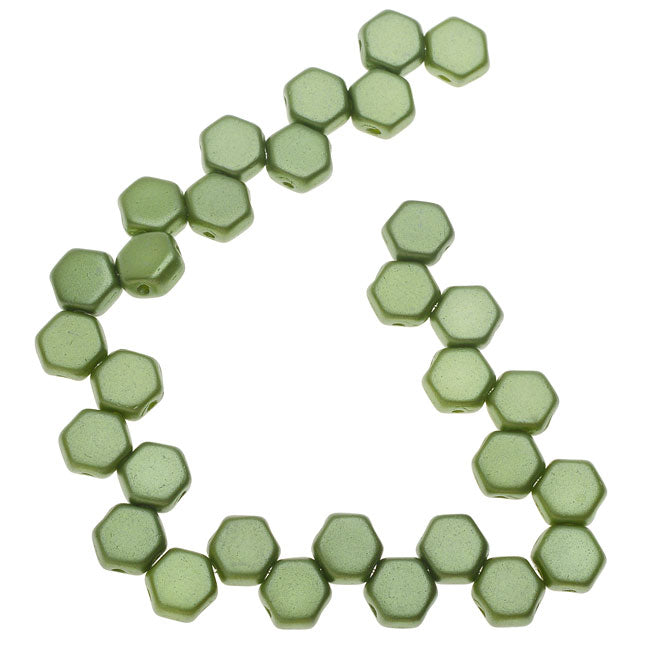 Czech Glass Honeycomb Beads, 2-Hole Hexagon 6mm, Pastel Olivine (30 Pieces)
