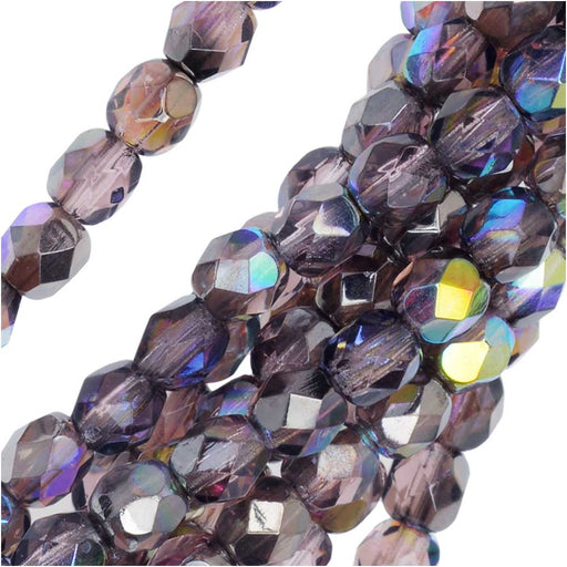 Czech Fire Polished Glass, Faceted Round Beads 4mm, Light Amethyst Graphite Rainbow (50 Pieces)