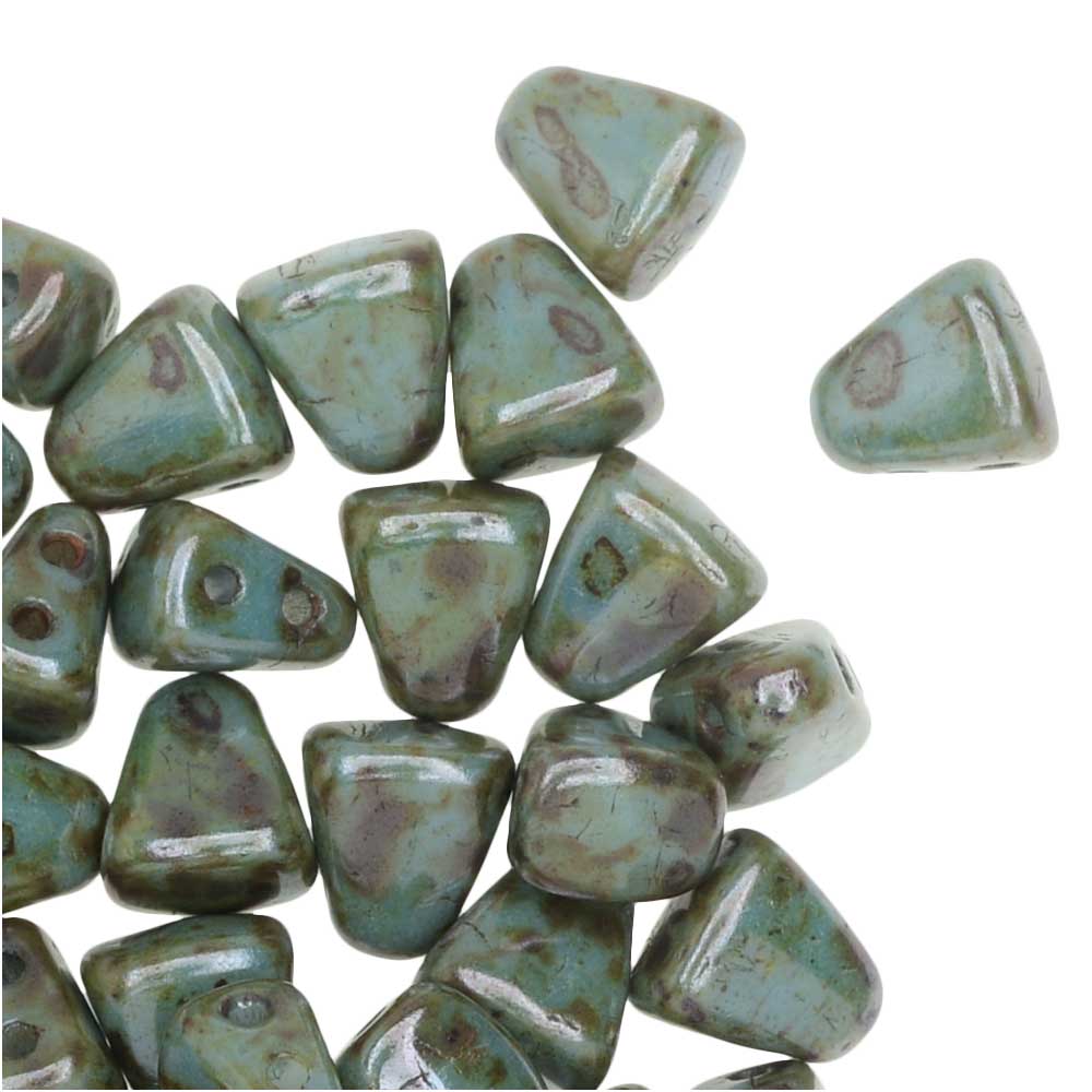 Czech Glass Matubo, Triangular 2-Hole Nib-Bit Beads 5.5x6mm, Luster - Opaque Green (2.5" Tube)
