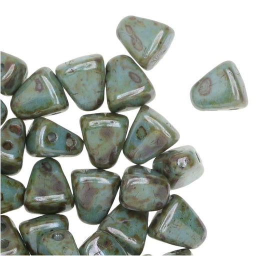 Czech Glass Matubo, Triangular 2-Hole Nib-Bit Beads 5.5x6mm, Luster - Opaque Green (2.5" Tube)
