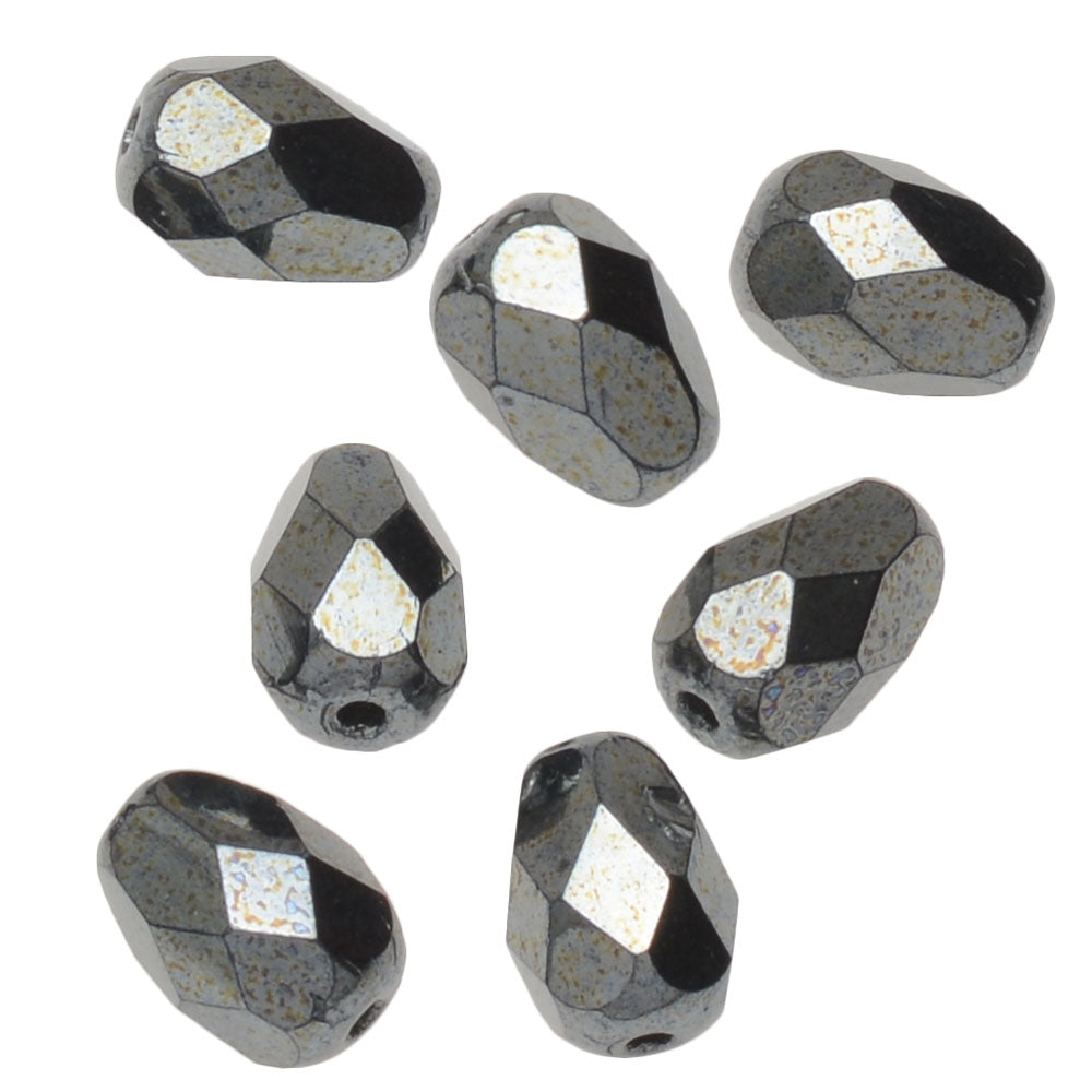 Czech Fire Polished Glass Beads, Teardrop 8x6mm, Hematite Full-Coat (1 Strand)