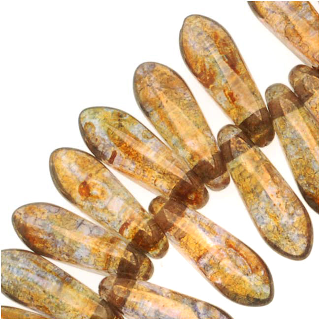 Czech Glass 3 x 10mm Dagger Beads - Trans. Gold/Smoked Topaz Luster (50 pcs)