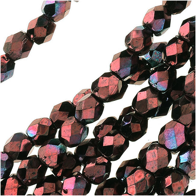 Czech Fire Polished Glass Beads 3mm Round 'Metallic Amethyst Luster' (50 pcs)