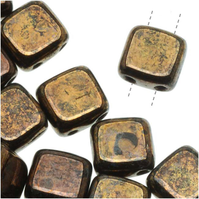 CzechMates Glass 2-Hole Square Tile Beads 6mm 'Jet Bronze Picasso' (1 Strand)