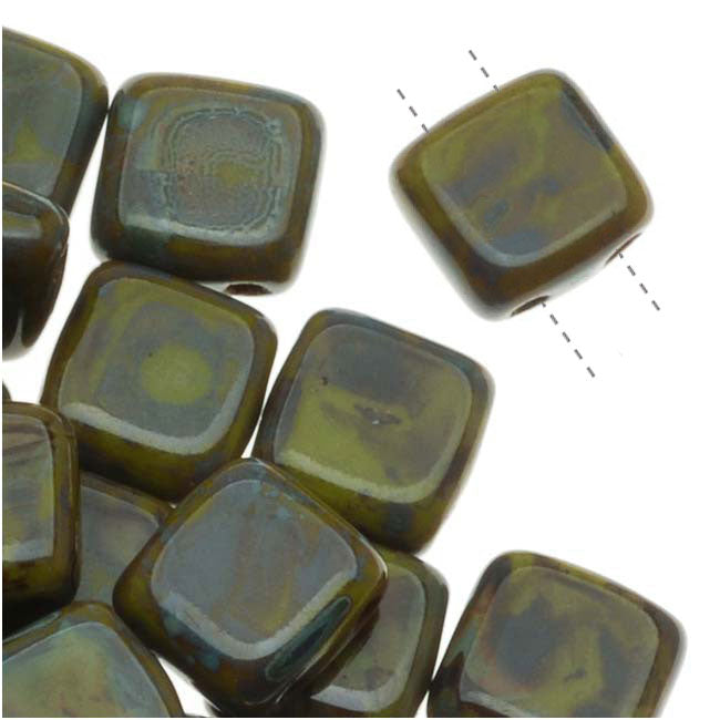 CzechMates Glass 2-Hole Square Tile Beads 6mm 'Opaque Olive Picasso' (1 Strand)