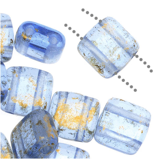 CzechMates Glass 2-Hole Square Tile Beads 6mm - Gold Marbled Light Sapphire (1 Strand)