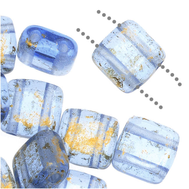 CzechMates Glass 2-Hole Square Tile Beads 6mm - Gold Marbled Light Sapphire (1 Strand)