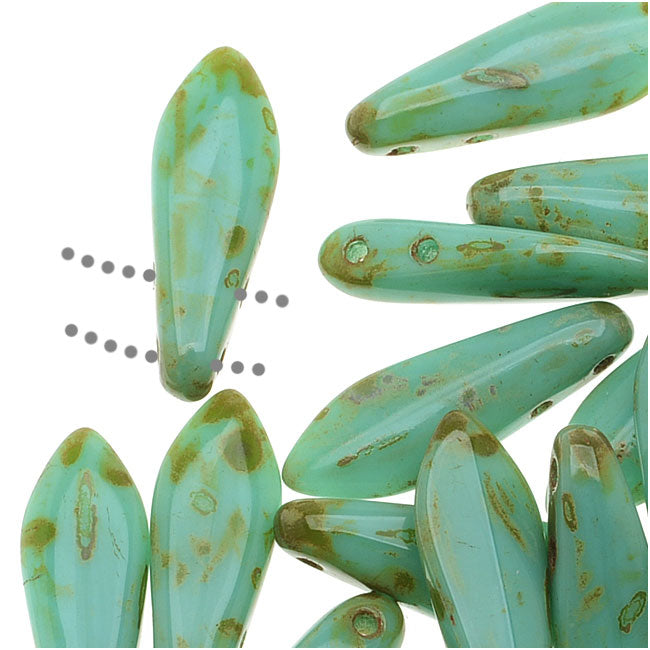 CzechMates Glass 2-Hole Dagger Spear Beads 16x5mm - Opaque Turquoise Picasso (1 Strand)
