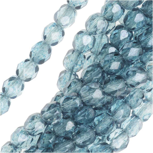 Czech Fire Polished Glass Beads, 4mm Round, Luster Blue, (1 Strand)