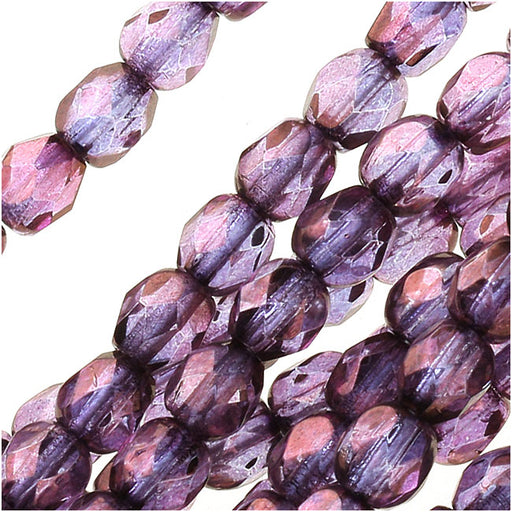 Czech Fire Polished Glass Beads, 4mm Round, Amethyst Luster, (1 Strand)