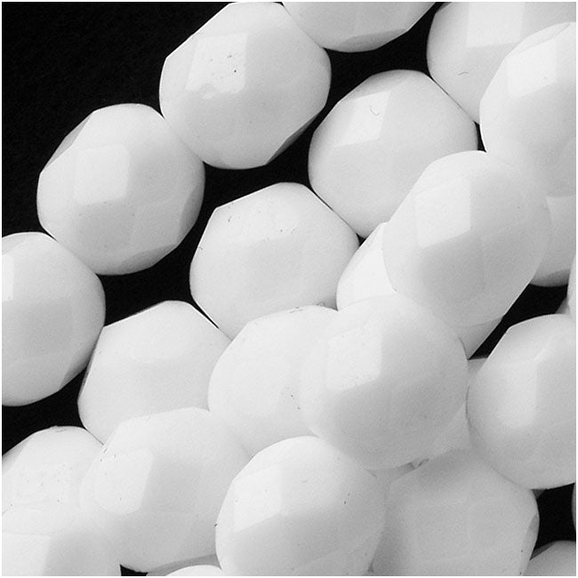 Czech Fire Polished Glass Beads 6mm Round, Opaque White, (1 Strand)