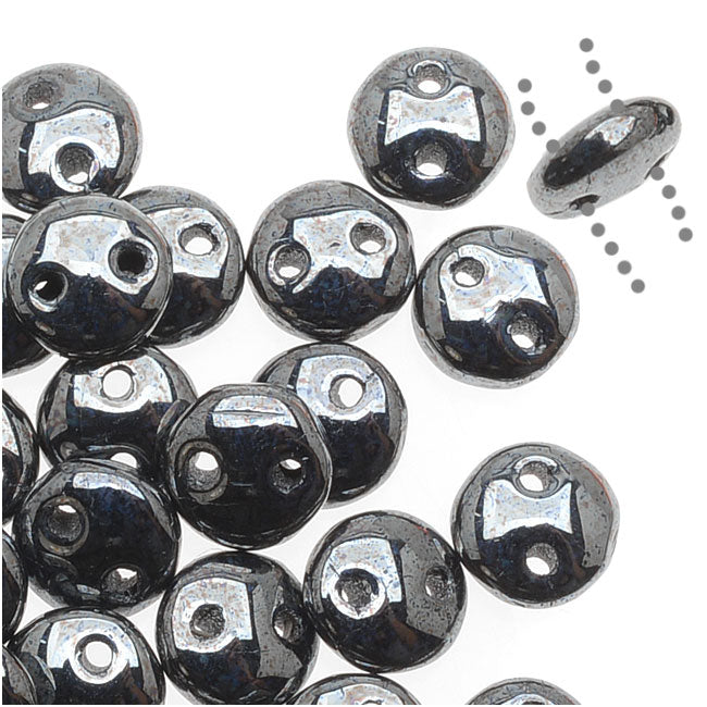 CzechMates Glass 2-Hole Round Flat Lentil Beads 6mm - Hematite (1 Strand)