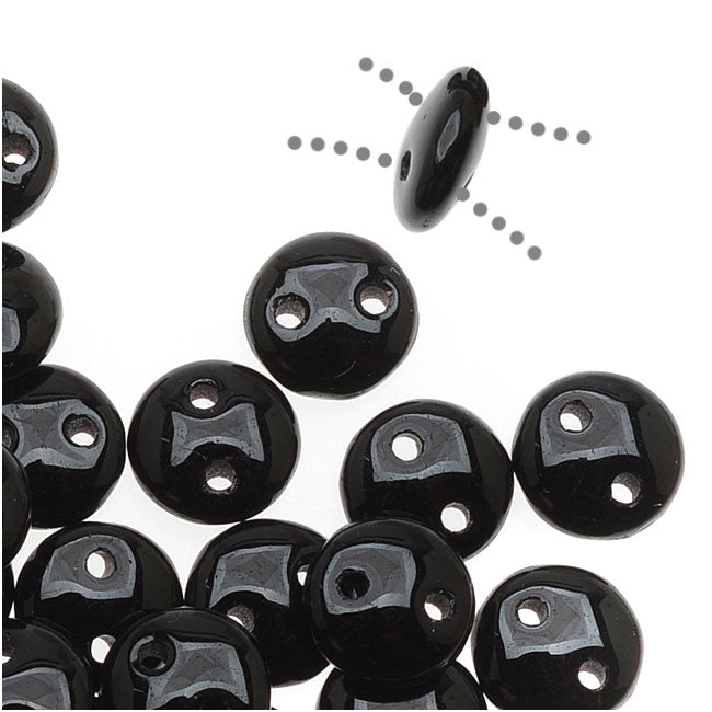 CzechMates Glass 2-Hole Round Flat Lentil Beads 6mm - Jet Black (1 Strand)