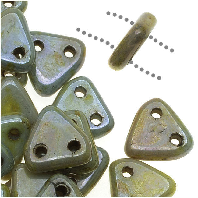 CzechMates 2-Hole Triangle Beads 6mm - Opaque Luster Green (2.5" Tube)
