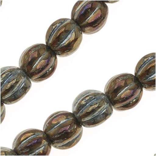 Czech Glass - Round Melon Beads 5mm Diameter Brown Iris (1 Strand)