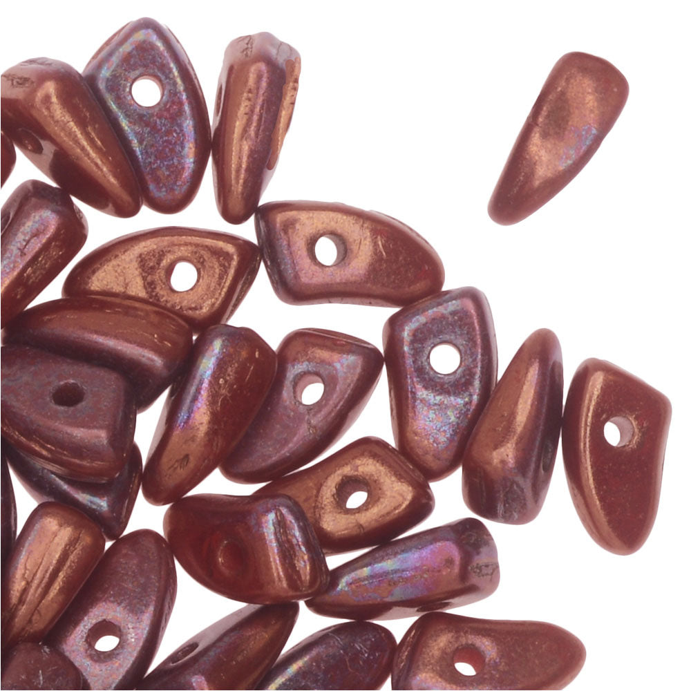 Czech Glass, Prong Beads 6x3.5mm, Bronze Iris Luster / Opaque Red (2.5" Tube)