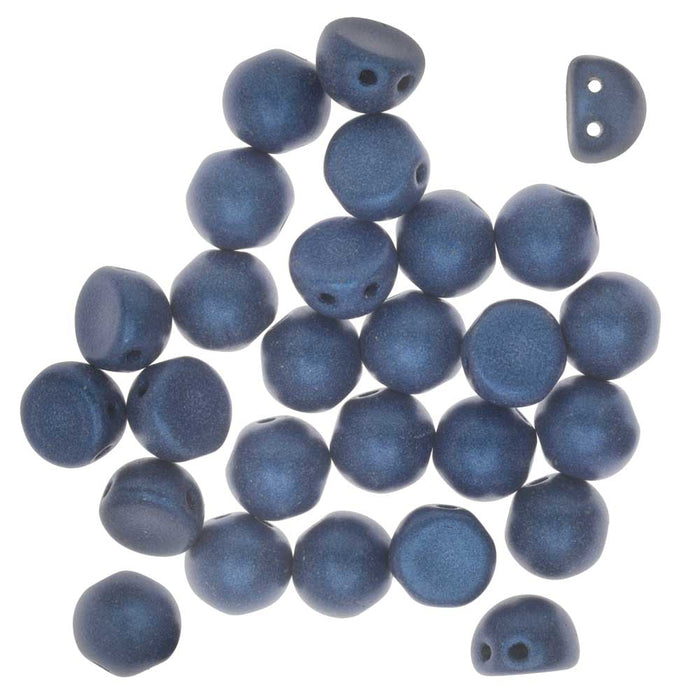 CzechMates Glass, 2-Hole Round Cabochon Beads 7mm Diameter, Metallic Blue Suede (2.5" Tube)
