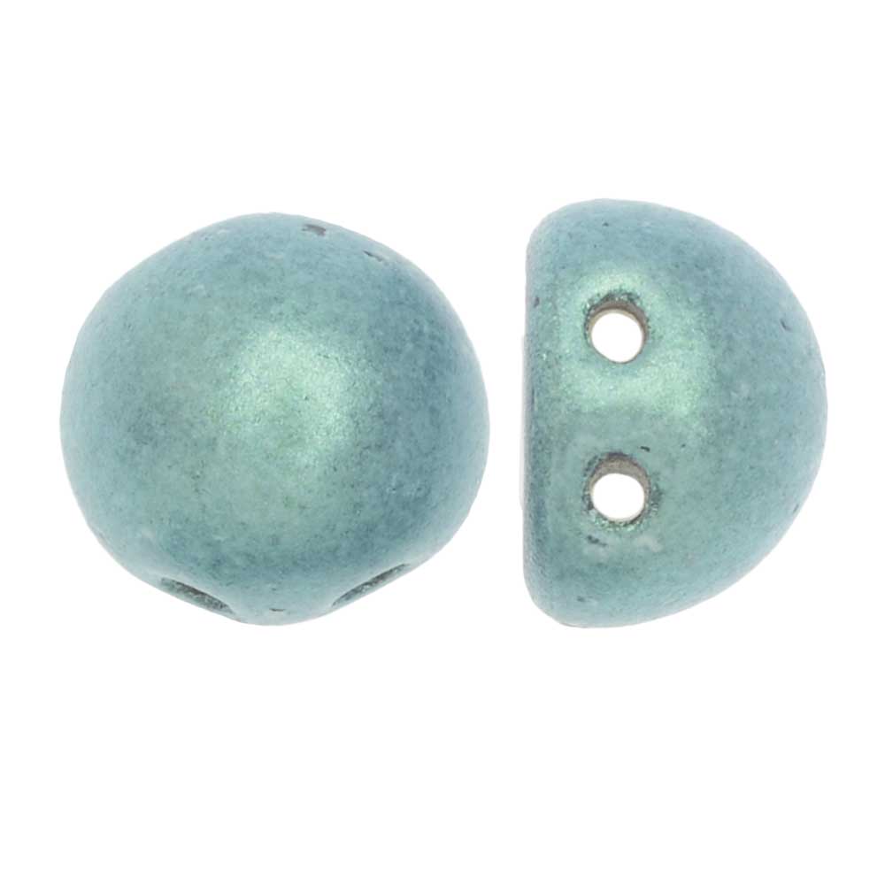 CzechMates Glass, 2-Hole Round Cabochon Beads 7mm Diameter, Metallic Light Green Suede (2.5" Tube)