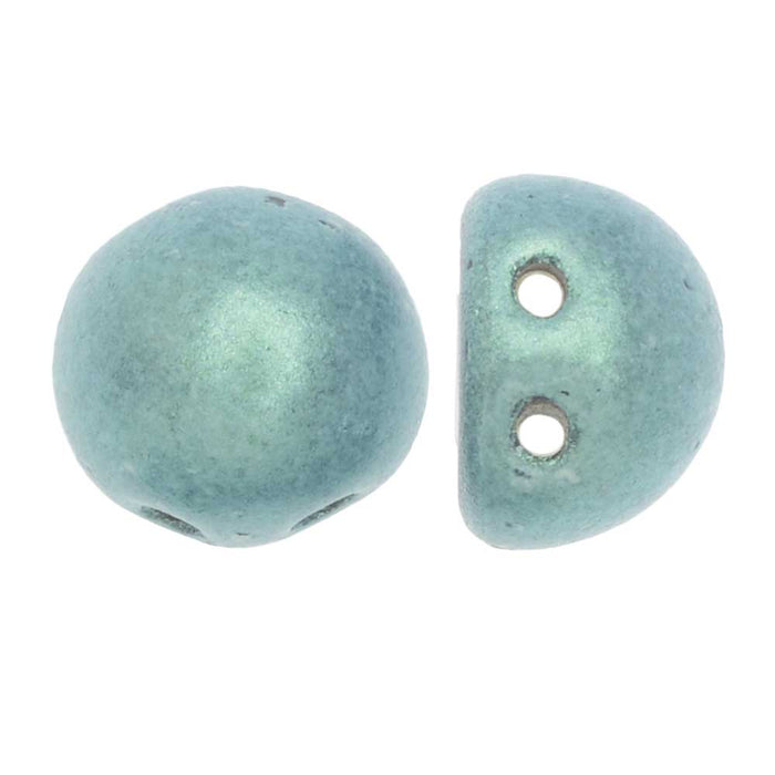 CzechMates Glass, 2-Hole Round Cabochon Beads 7mm Diameter, Metallic Light Green Suede (2.5" Tube)
