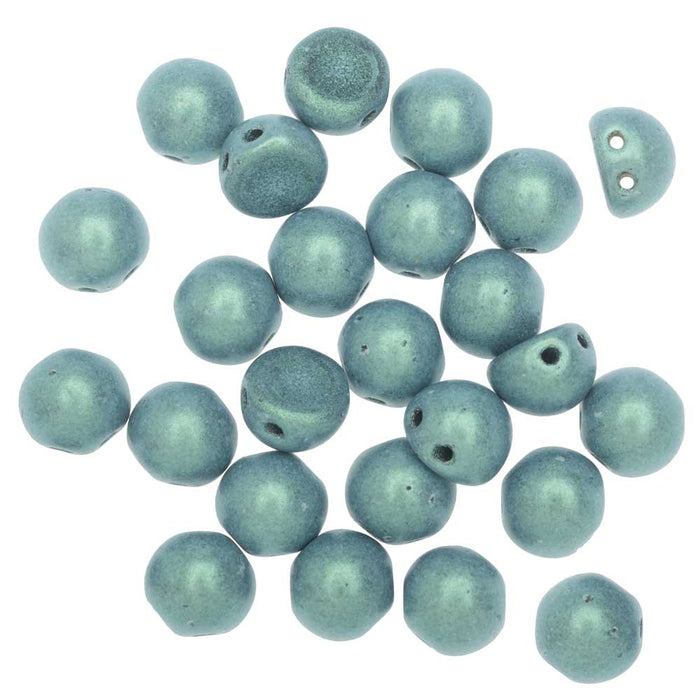 CzechMates Glass, 2-Hole Round Cabochon Beads 7mm Diameter, Metallic Light Green Suede (2.5" Tube)