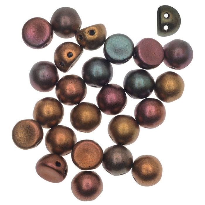 CzechMates Glass, 2-Hole Round Cabochon Beads 7mm Diameter, Matte Metallic Bronze Iris (2.5" Tube)