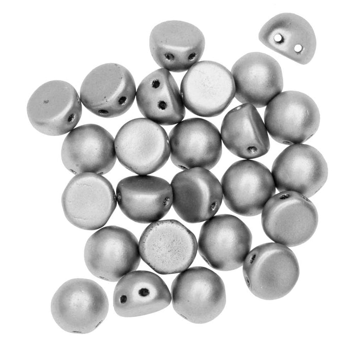 CzechMates Glass, 2-Hole Round Cabochon Beads 7mm Diameter, Matte Metallic Silver (2.5" Tube)