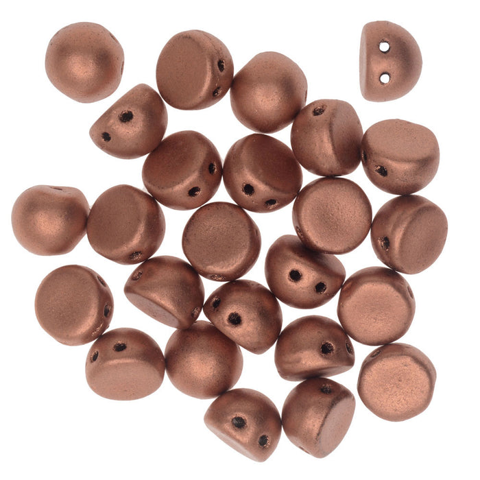 CzechMates Glass, 2-Hole Round Cabochon Beads 7mm Diameter, Matte Metallic Copper (2.5" Tube)
