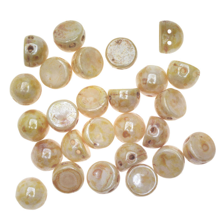 CzechMates Glass, 2-Hole Round Cabochon Beads 7mm Diameter, Opaque Picasso Luster (2.5" Tube)