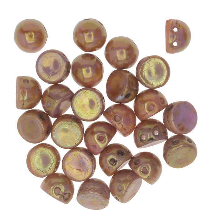 CzechMates Glass, 2-Hole Round Cabochon Beads 7mm Diameter, Opaque Rose / Gold Topaz Luster (2.5" Tube)